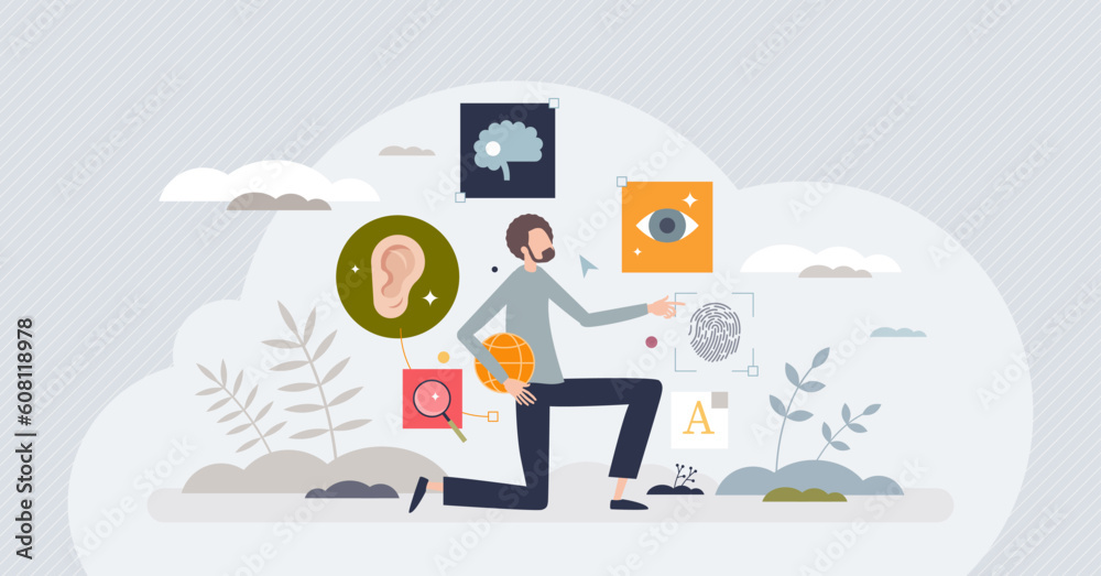 Web accessibility and website easy usage for disabled tiny person concept. Responsive online browsing with assistance help vector illustration. Programming touch sensitive site. Adjustable usability.
