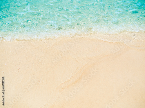 Sea Ocean on Beach Sand Background,White Foam Wave Water Blue Shore Summer Seaside at Coast 