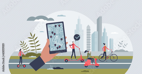 Mobility as service and rental scooters or bikes sharing tiny person concept. Mobile app for urban transportation system and modern passenger rides vector illustration. Bike network infrastructure.