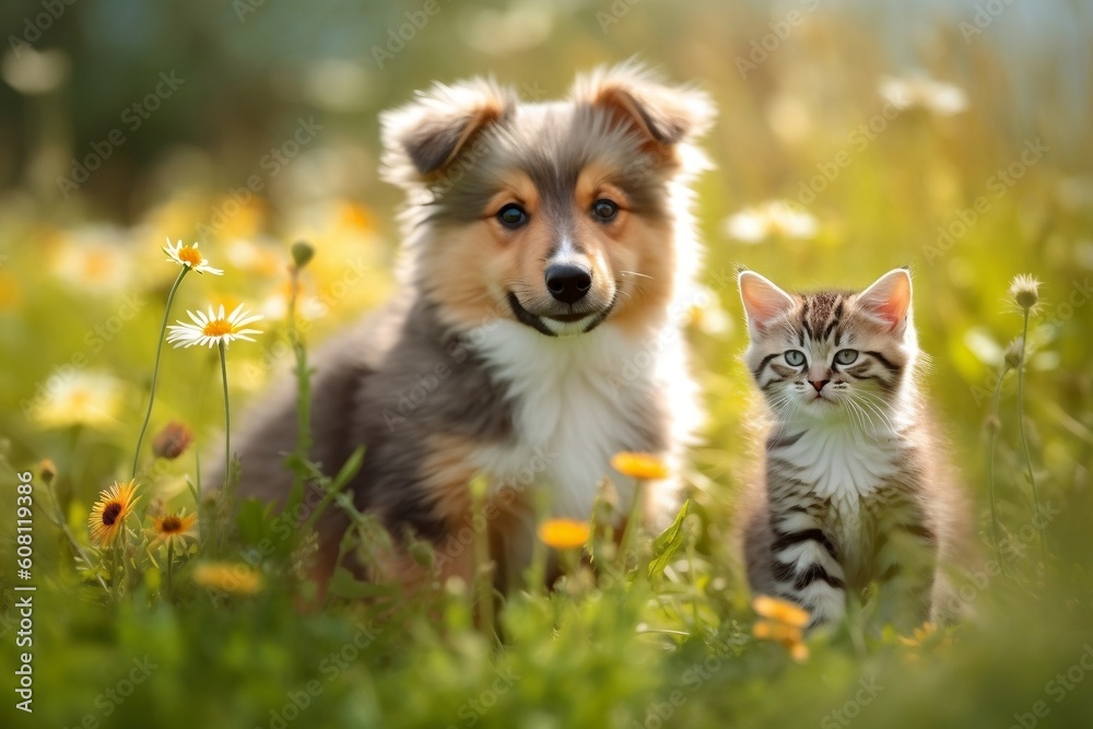 Cute Puppy and Kitten in Field Image. Generative AI
