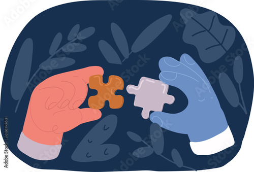 Cartoon vector illustration of group of people work in a team putting together puzzles. Teamwork concept.