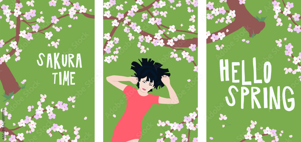 Garden of blooming trees with pink flowers. Chinese girl admires the branches of cherry blossoms lying on the grass. Vector graphics of Sakura on a green background. Garden of blooming trees with pink flowers. Chinese girl admires the branches of cherry blossoms lying on the grass. Vector graphics of Sakura on a green background.