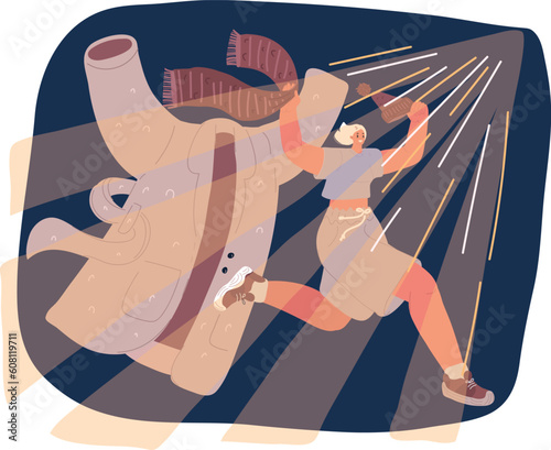 Vector cartoon illustration of happy woman taking off her outerwear in warm time: hat with pompom, scarf and coat. Running girl. Spring, summer time or change location: migration, holiday concept
