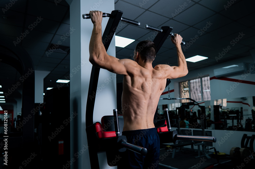 Back view of shirtless man with pull-ups in gym. Back view of shirtless man with pull-ups in gym.