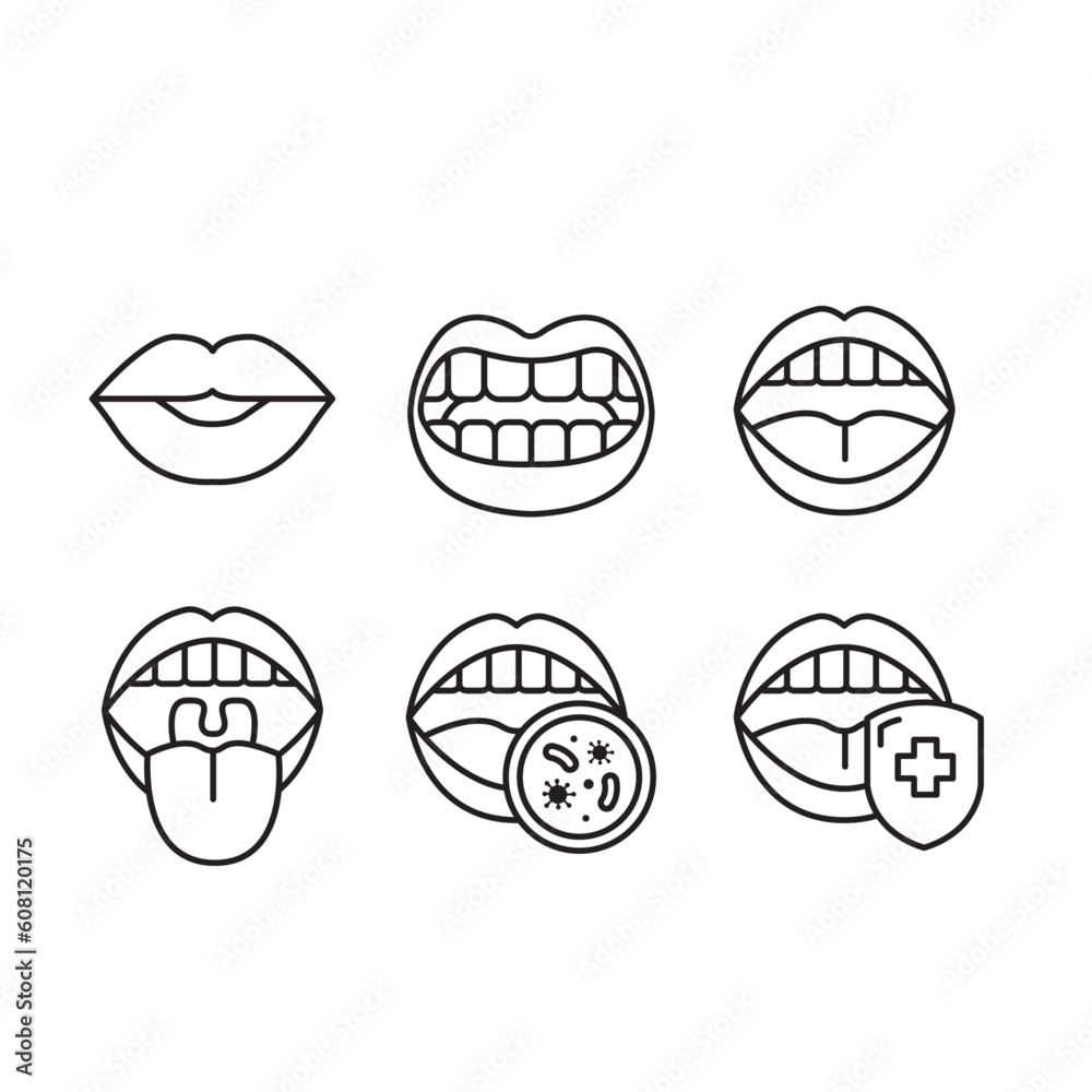 Mouth, teeth, oral cavity, lips line icon set of vector