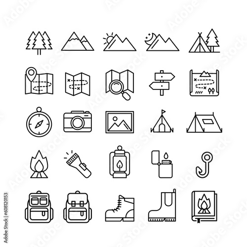 Camping line icon set of vector