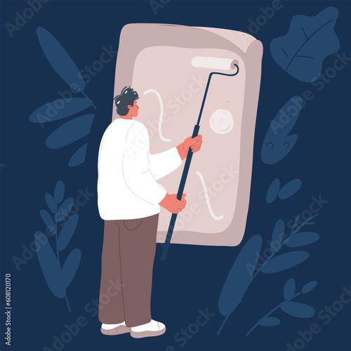 Cartoon vector illustration of man applying wall poster