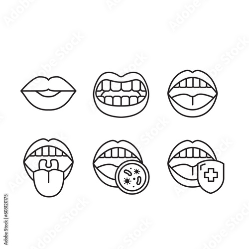 Mouth, teeth, oral cavity, lips line icon set of vector