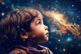 sleeping boy child dreams of space with stars in dream at night. Generative AI illustration
