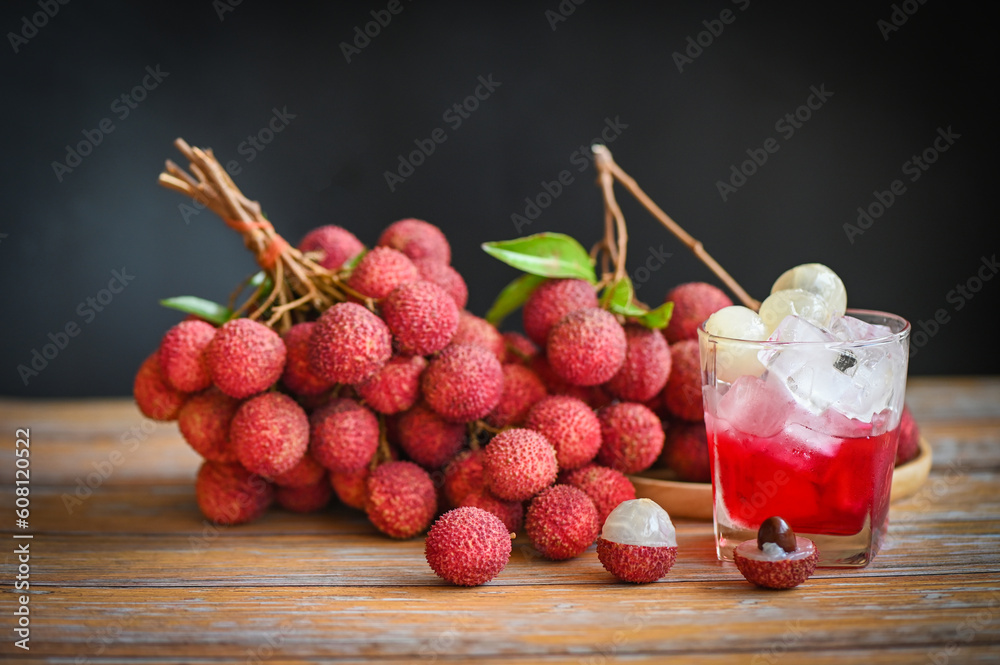lychees on table, fresh ripe lychee fruit tropical fruit lychee juice