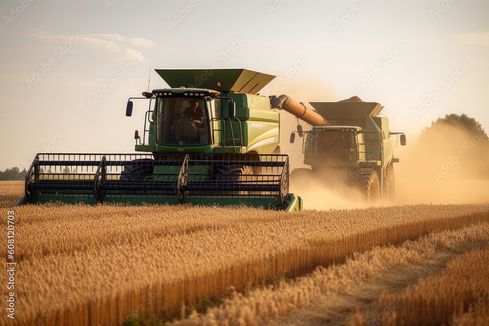 Obraz premium Harvesting wheat with a combine harvester on a sunny summer day. Generative AI