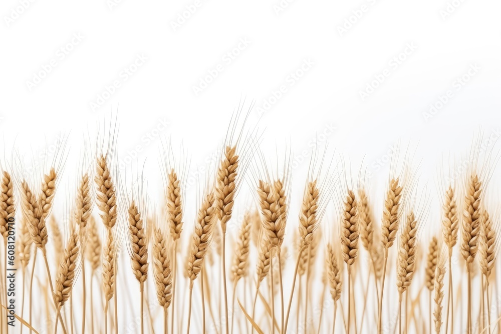 Illustration of golden spikelets of wheat on a white background. Generative AI Illustration of golden spikelets of wheat on a white background. Generative AI