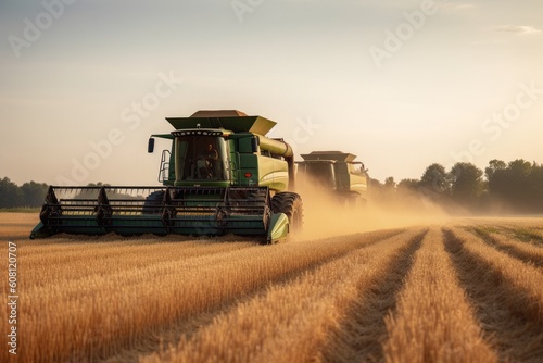 Combine harvester in agriculture. Harvesting wheat. Generative AI