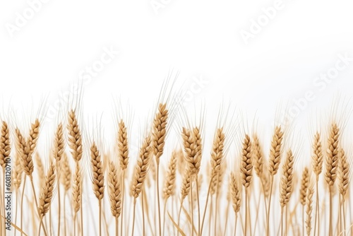 Illustration of golden spikelets of wheat on a white background. Generative AI