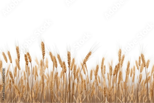 Yellow spikelets of wheat field isolated on white background. Golden autumn harvest of oats, illustration. Generative AI