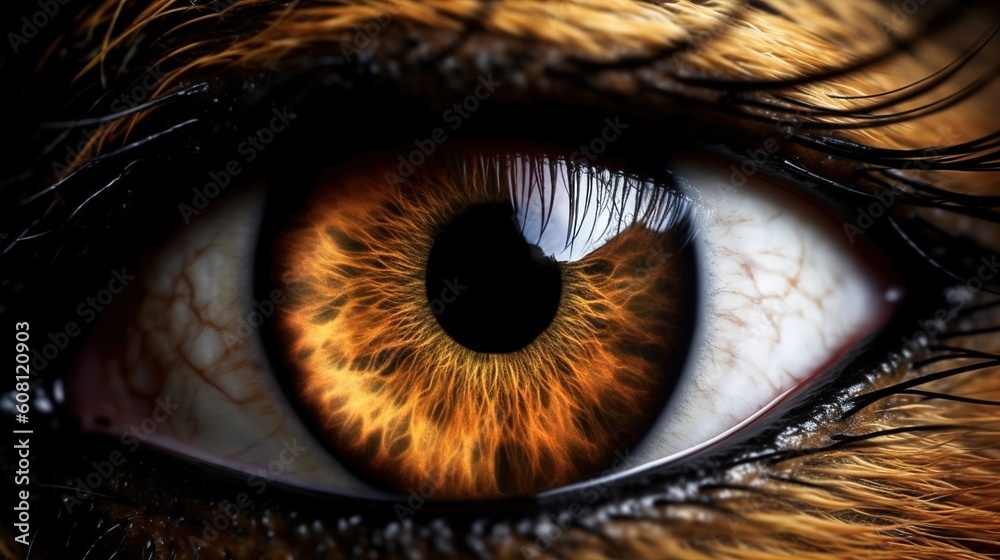 The close-up of the intense tiger's eyes, with their yellow color, AI generative