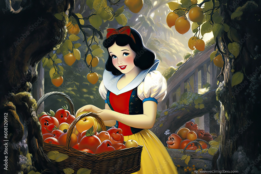 Snow White and the seven dwarfs illustration with poison apple