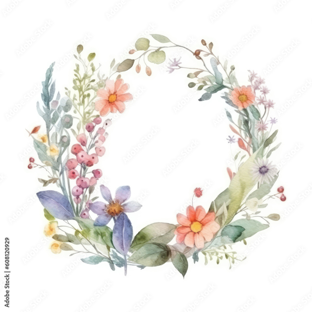 Wildflowers and herbs  Wreath, Watercolor. Floral circle frame with abstract wildflowers, branches and leaves, isolated on white background, copy space. Generative ai illustration in watercolor style
