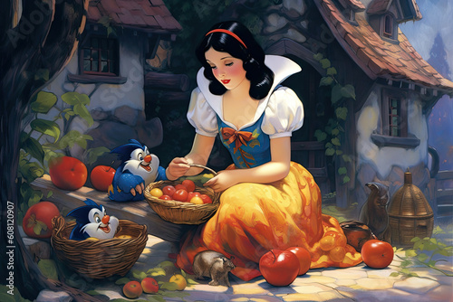 Photo Snow White and the seven dwarfs illustration with poison apple, generated ai, ge