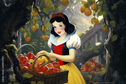 Canvas Print Snow White and the seven dwarfs illustration with poison apple, generated ai, ge