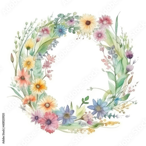 Wildflowers Wreath, Watercolor. Floral circle frame with abstract wildflowers, branches and leaves, isolated on white background, copy space. Generative ai illustration in watercolor style
