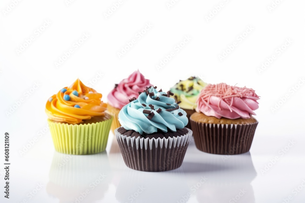 assortment of flavored cupcakes isolated on white, generative ai