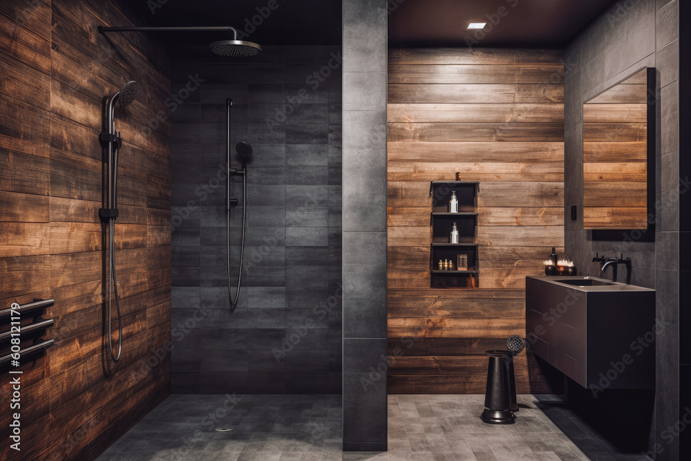 Fototapeta premium Dark grey shower interior. Wood and dark tile modern bathroom. Modern dark clean bathroom. Generative AI