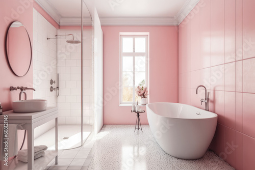 Pink and white bathroom interior with shower. Modern bright clean bathroom. Generative AI