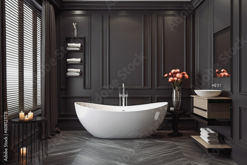 Dark grey bathroom with white tub. Dark tile modern bathroom. Modern dark clean bathroom. Generative AI