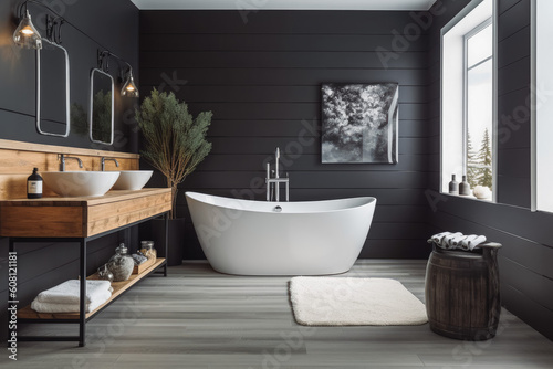 Dark grey bathroom with white tub. Dark tile modern bathroom. Modern dark clean bathroom. Generative AI