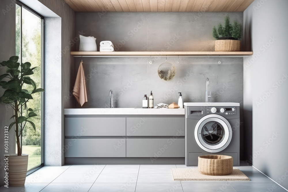 Grey laundry room sink washing machine. Minimalistic design interior of ...