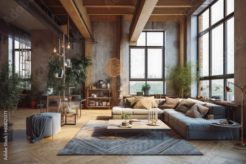 Interior new loft ethnic furniture living room. Bohemian style modern cosy living room architecture. Generative AI