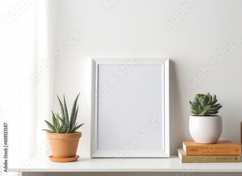 Mock up of picture canvas frame with small plants in vase in background. Generative AI © VisualProduction