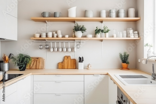 Modern stylish scandinavian style kitchen interior with appliances. Generative AI © VisualProduction