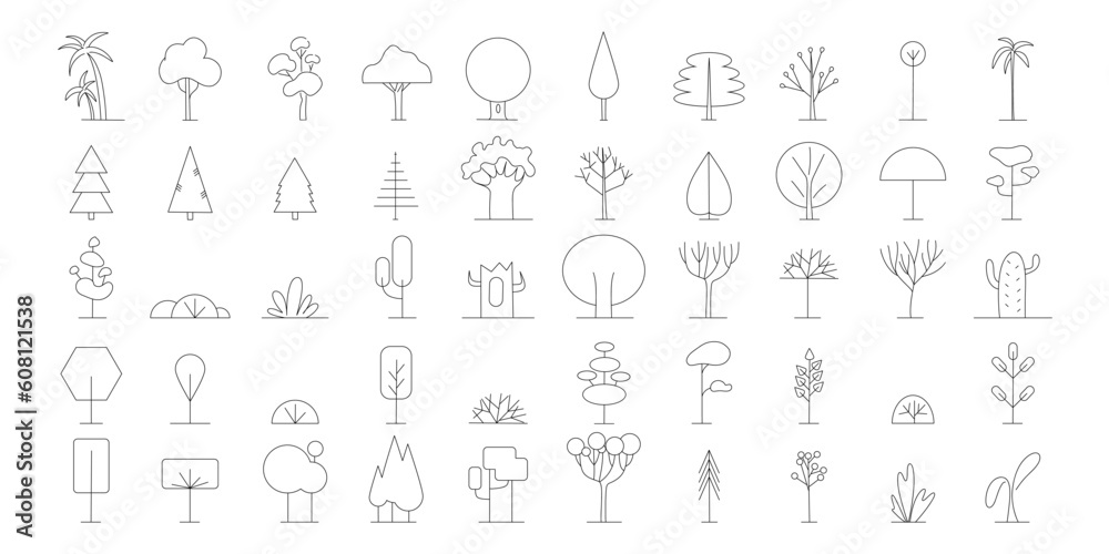 Line trees. Minimal nature forest or park. Minimalism style plants. Abstract logo design. Eco bio symbols, black outline botanical elements. Spruce pine and oak. Vector isolated set