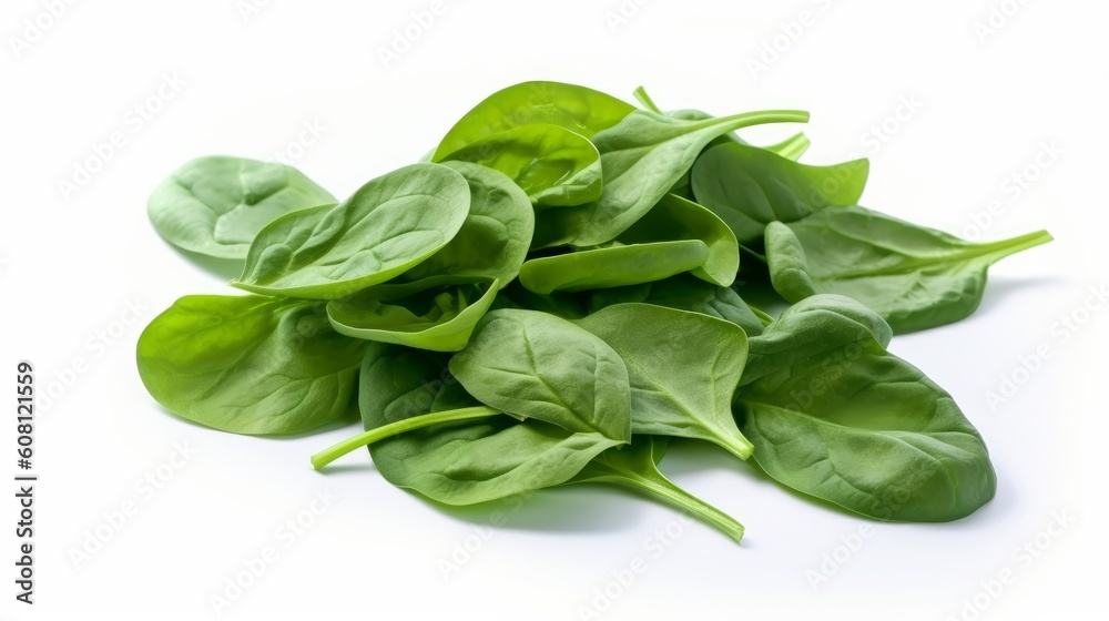 Pile of spinach leaves isolated on a white., generative ai Pile of spinach leaves isolated on a white., generative ai