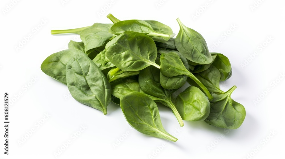 Spinach leaves isolated on white background. Pile of Spinach leaf Macro. top view. Flat lay., generative ai Spinach leaves isolated on white background. Pile of Spinach leaf Macro. top view. Flat lay., generative ai