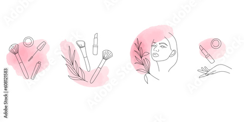 Beauty salon logo. Makeup or hairdressing studio, eyelash extension logotype. Different equipment, line hand and woman face, watercolor drops. Various cosmetics badge. Vector isolated emblem set