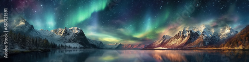 panorama with northern lights in night starry sky against background of mountains and lakes. Generative AI illustration © alexkoral
