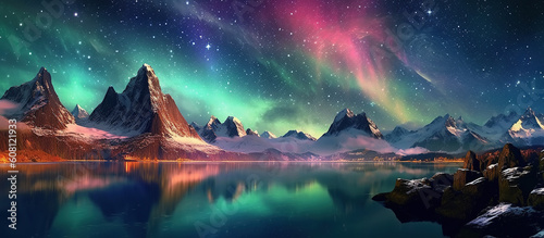 panorama with northern lights in night starry sky against background of mountains and lakes. Generative AI illustration