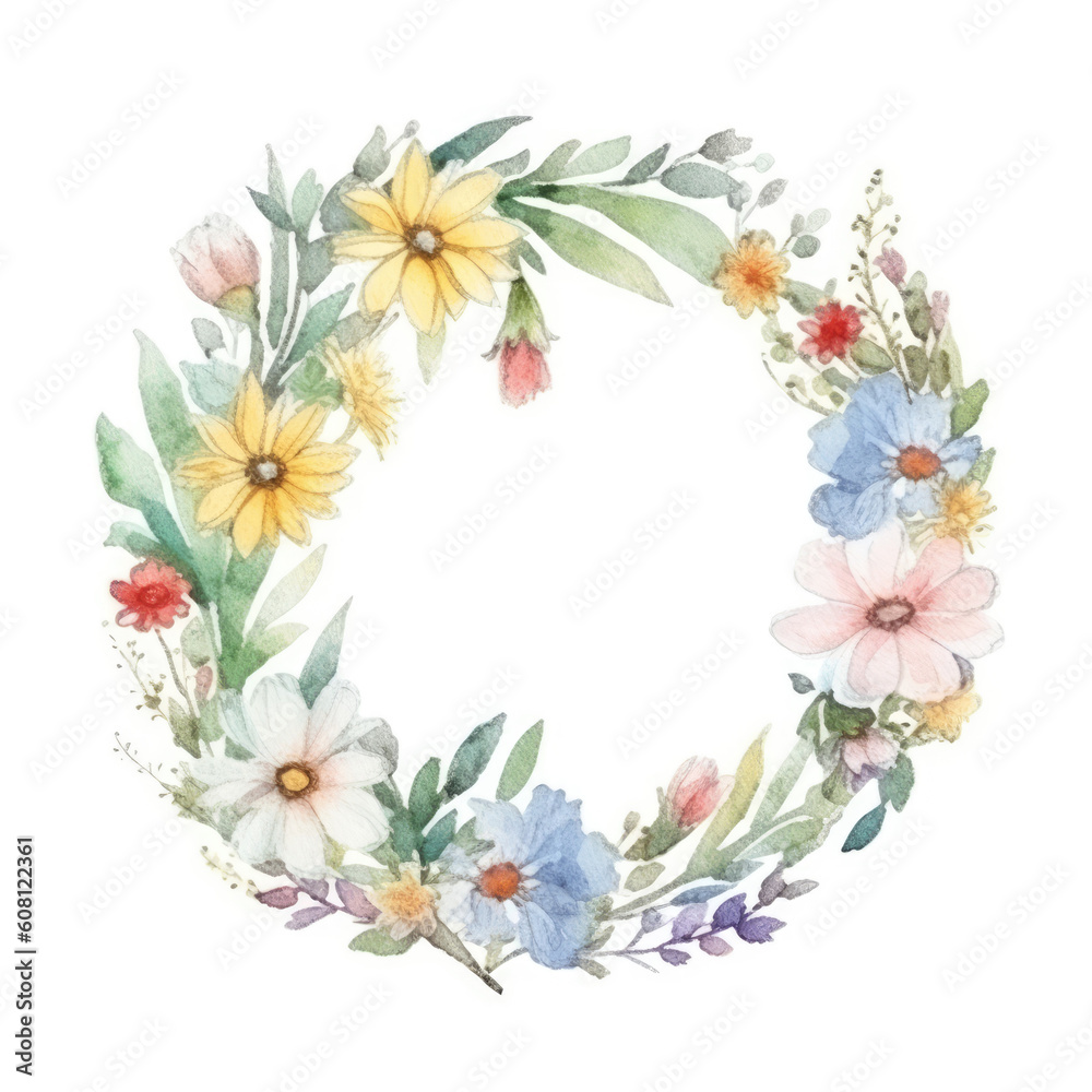 Wildflowers Wreath, Watercolor. Floral circle frame with abstract wildflowers and herbs on white background. Generative ai illustration in watercolor style