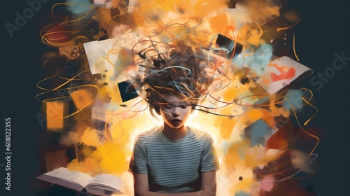 A vivid representation of the ADHD concept, highlighting elements of focus, distraction, and brain functioning. The image encompasses the complex nature of this cognitive condition. Generative AI photo
