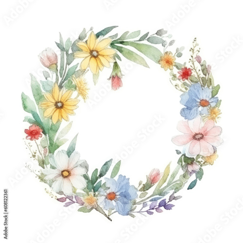 Wildflowers Wreath, Watercolor. Floral circle frame with abstract wildflowers and herbs on white background. Generative ai illustration in watercolor style