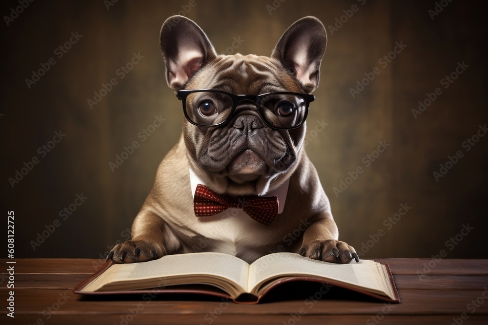 French Bulldog Wearing Reading Glasses Image. Generative AI