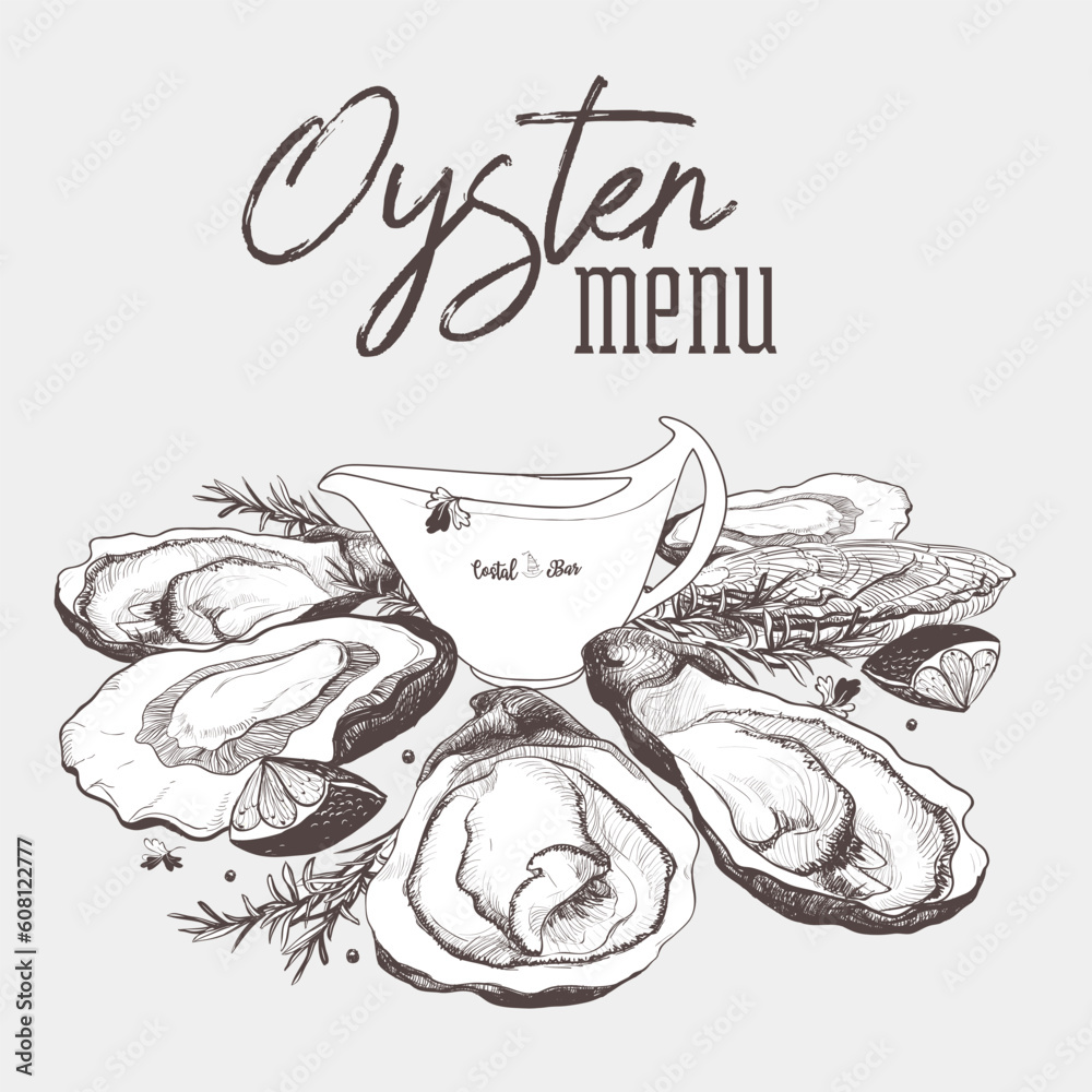 Vintage realistic oyster sketch. Bar menu design. Food menu design