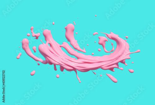 A generative AI image of flying airborne splash of thick and viscous pink paint; abstract background, bright colors.
