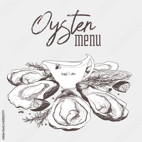 Vintage realistic oyster sketch. Bar menu design. Food menu design template. Vector outline illustration. Restaurant cafe menu. Healthy food poster. Shellrish mollusk, lomon, rosemary, sause. photo