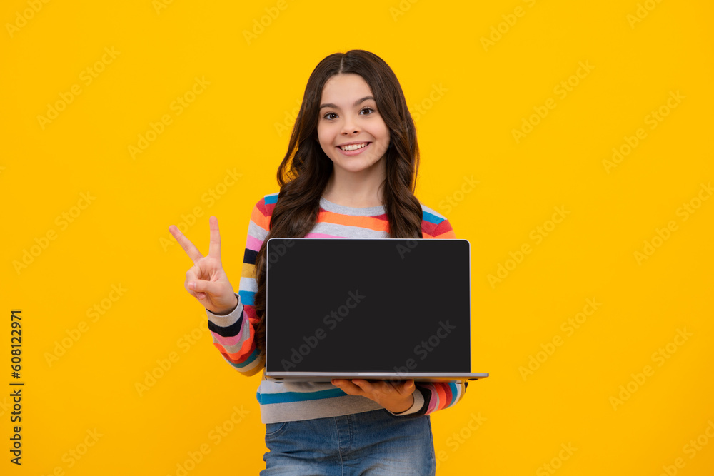 Student school girl with laptop on isolated studio background. Video ...