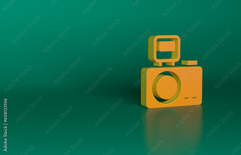 Orange Photo camera with lighting flash icon isolated on green background. Foto camera. Digital photography. Minimalism concept. 3D render illustration Orange Photo camera with lighting flash icon isolated on green background. Foto camera. Digital photography. Minimalism concept. 3D render illustration