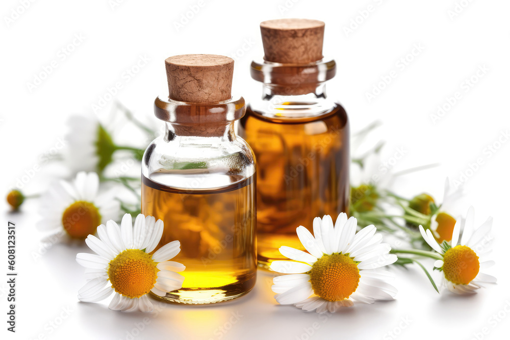 Chamomile Essential Oil In Small Brown Bottle Next To Chamomile On White Background. Generative AI Chamomile Essential Oil In Small Brown Bottle Next To Chamomile On White Background. Generative AI